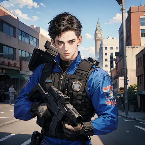 Masterpiece, high quality, best quality, 3D HD, realistic, perfect lighting, detailed body, Quiff hair, 1 Man, police swat suit, Destroyed city background