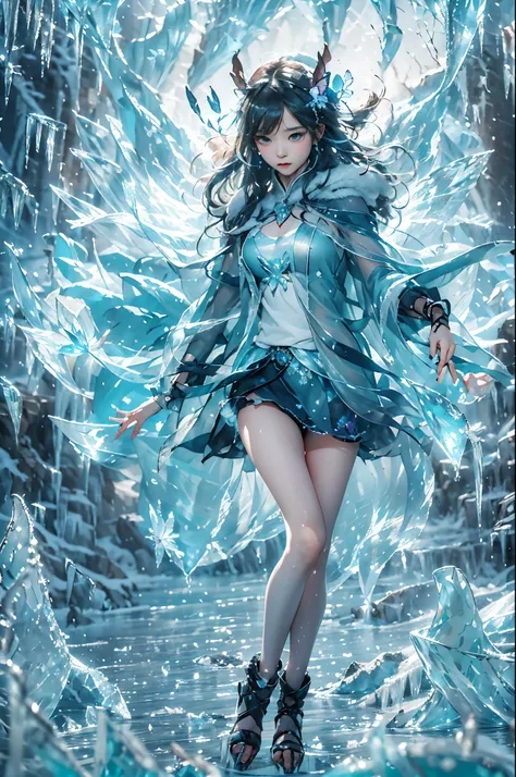 (((1 girl)))，dynamic poses，（skirt made of ice：1.5），（magic circle：1.2），magic circle，blue concentric circles，ice crystals，concentric circles of frost，(((icicle)))，Ice mist，Ice particle effects，（Ice butterfly：1.5），超多Ice butterfly，巨大的Ice butterfly翅膀，Amazing re...