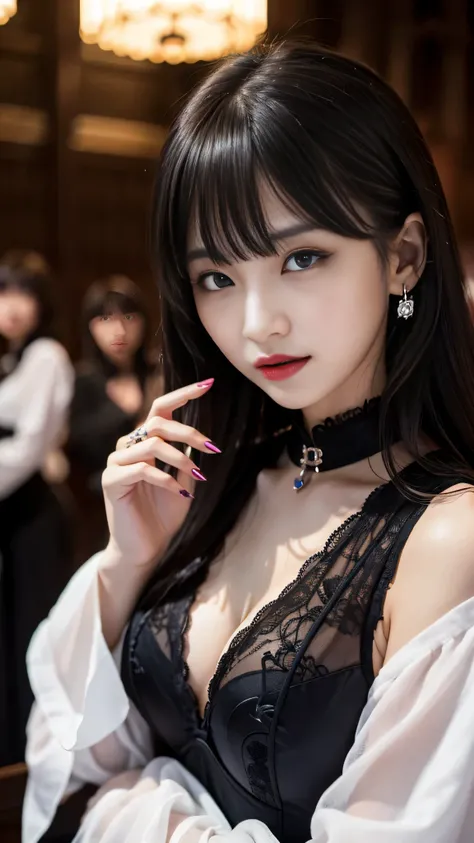 ltra-detailed、Japanese、attractive beauty、seductive adult woman、pretty woman、piercing eyes、cool girl、wavy hair、swept bangs、Long Black Cheongsam、wide sleeves、Evil cadres、evil depravity、brainwash、mind control、apply lipstick、smirk、evil look、evil、empty eyes、evi...