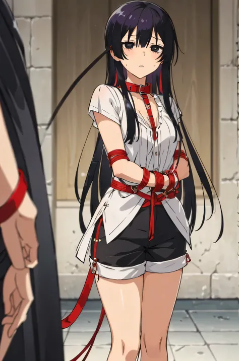 ((collar,leash,tied up,bondage,scared expression)),black hair,black eyes,shorts,top-tank
