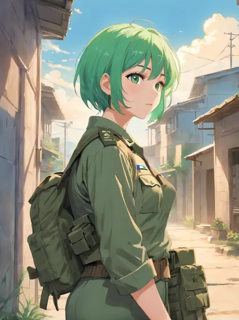 Beautiful young Japanese american woman Emi Tanaka (short seafoam green hair, soft green eyes, long eyelashes, perfect breasts)
Ballad of the Green Berets
Fighting soldiers from the sky
Fearless men and women who jump and die
Men who mean just what they sa...