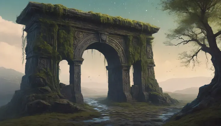 Ultra-realistic painting of the forgotten gate, Mysterious ancient gate surrounded by vines and moss, A crumbling stone archway carved with glyphs and runes., Swirling nebula cosmos inside the portal, Stars and galaxies visible inside, Lead to another time...