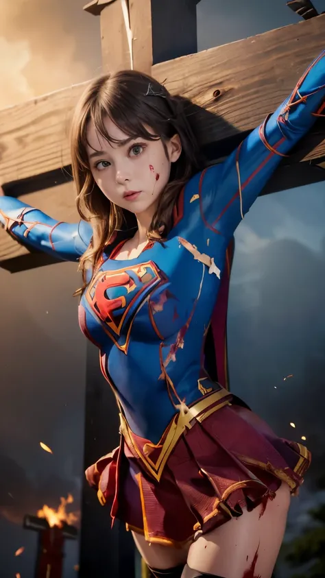 highest quality,masterpiece,UHD, Super detailed, 8K,(Beautiful woman),(一人のBeautiful woman),((crucifixion:1.5)),(((cross))),(execution),((incontinence)),scared,torture,slave,((crossにcrucifixionにされた女性:1.5)),crucifixion刑,((supergirl:1.5)),blue suit,Superman l...