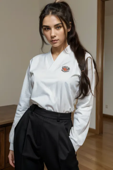 (((Masterpiece, highest quality, high definition, high detail)))), 21year old girl, beautiful, big tits, black hair color, long hair, ponytail hair, long-sleeve,long trousers, Karate techniques, White Karate Uniform, Beautiful face, looking at the camera