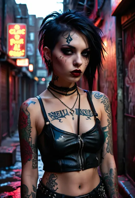 in a dimly lit, grungy alleyway, a gothic-punk girl, adorned in ripped leather and piercings, glares menacingly as she sips from...