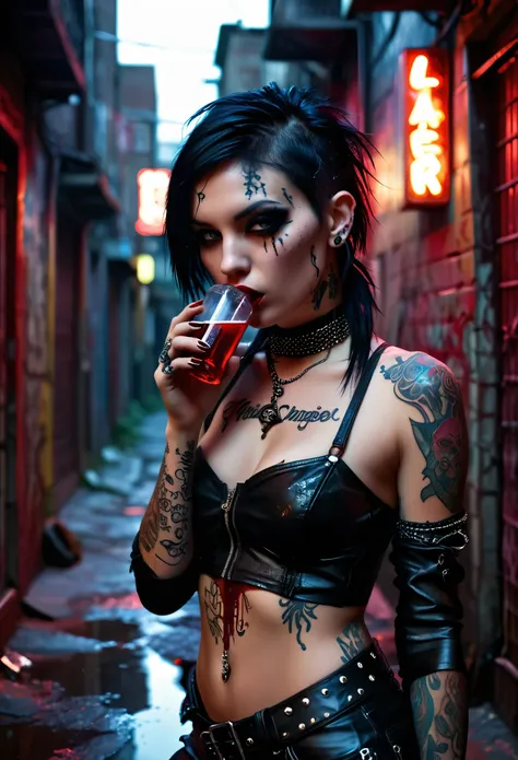 in a dimly lit, grungy alleyway, a gothic-punk girl, adorned in ripped leather and piercings, glares menacingly as she sips from...