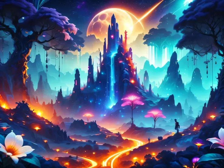 A surreal alien landscape,interstellar travel,Magnificent starry sky,beautiful all around、Vibrant、Colorful。The screen shows strange alien flowers of various shapes and sizes.,and a rich variety of delicious alien fruits。highest image quality,Resolution is ...