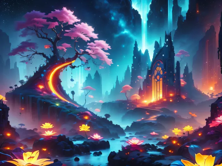 A surreal alien landscape,interstellar travel，Magnificent starry sky，beautiful all around、Vibrant、Colorful。The screen shows strange alien flowers of various shapes and sizes.，and a rich variety of delicious alien fruits。highest image quality，Resolution is ...