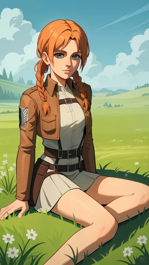 score_9, score_8_up, score_7_up, 1girl, skinny, attack on titan, 1girl, solo, sitting, outdoors, , aged down, kid, wearing skirt, medieval, medievaloutfit, grassy field, sittingon grass, looking at viewer, ppen mouth, ginger pigtails, braided pigtails, att...