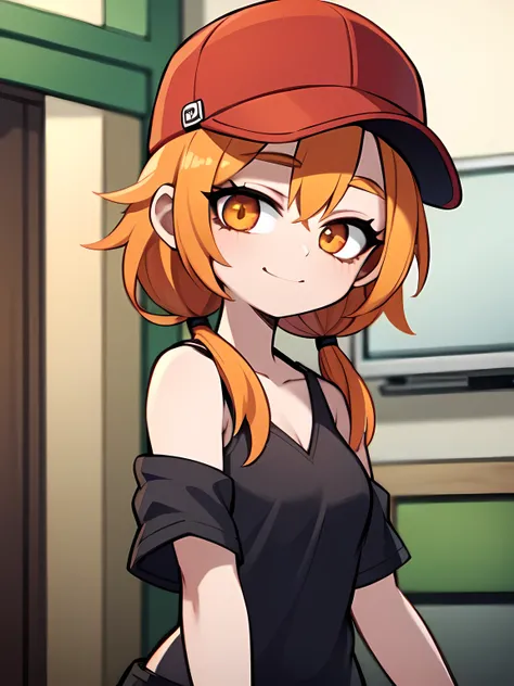 1girl,solo,upper body,looking at viewer,facing viewer,low twintails,orange hair,brown eyes,parted bangs,red hairtie,black hoodie,denim shorts,green baseball cap,hair pulled back,smile