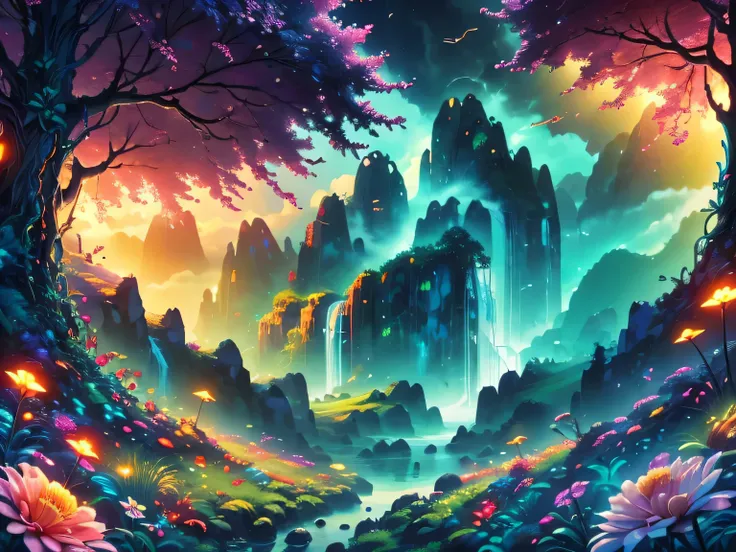 A surreal alien landscape，beautiful all around、Vibrant、Colorful。The screen shows strange alien flowers of various shapes and sizes.，and a rich variety of delicious alien fruits。highest image quality，Resolution is 4k or 8k，Capture every detail perfectly。The...