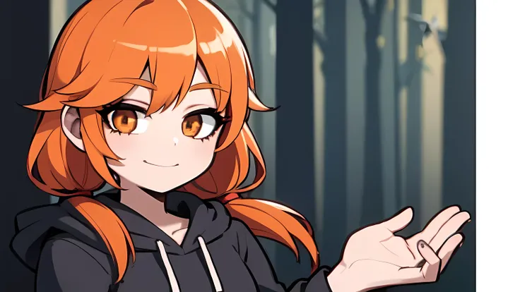 1girl,solo,upper body,looking at viewer,facing viewer,low twintails,orange hair,brown eyes,parted bangs,red hairtie,black hoodie,hair pulled back,smile,forest