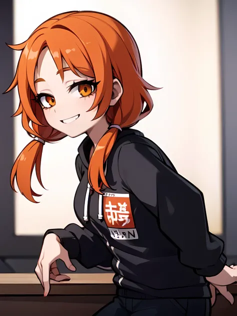 1girl,solo,upper body,looking at viewer,facing viewer,low twintails,orange hair,brown eyes,parted bangs,red hairtie,black hoodie,hair pulled back,smile