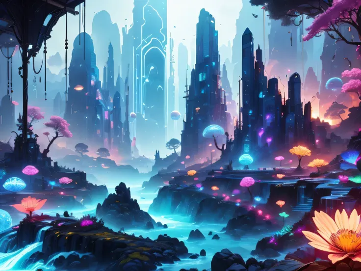 A surreal and exotic landscape，beautiful all around、Vibrant、Colorful。The screen shows strange alien flowers of various shapes and sizes.，and a rich variety of delicious alien fruits。highest image quality，Resolution is 4k or 8k，Capture every detail perfectl...