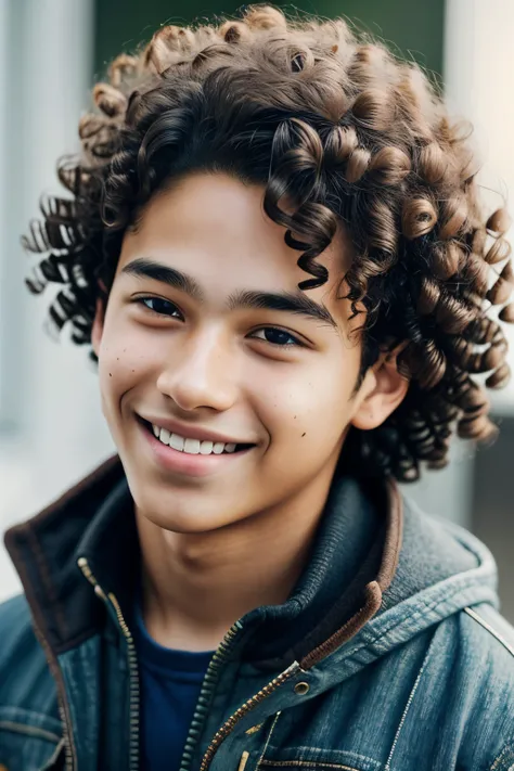 Photo of a beautiful 13-year-old boy with Brown skin, brown eyes, and curly brown hair, dressed in warm clothes. This ultra-realistic, high-definition image, captured in 8K resolution, showcases the perfection of his features. His smiling face radiates joy...