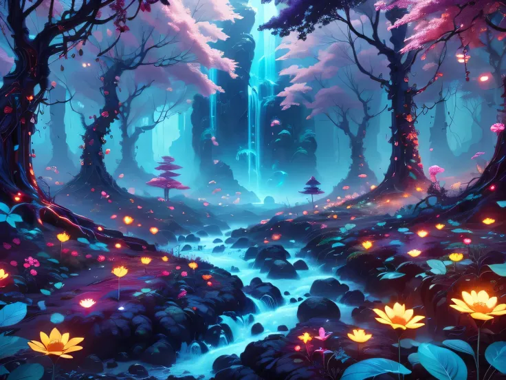 A surreal and exotic landscape，beautiful all around、Vibrant、Colorful。The screen shows strange alien flowers of various shapes and sizes.，and a rich variety of delicious alien fruits。highest image quality，Resolution is 4k or 8k，Capture every detail perfectl...