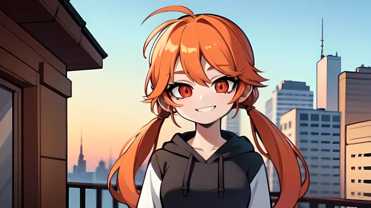 1girl,solo,upper body,looking at viewer,facing viewer,low twintails,orange hair,red eyes,parted bangs,white hairtie,black hoodie,hair pulled back,smile,sunset,roof