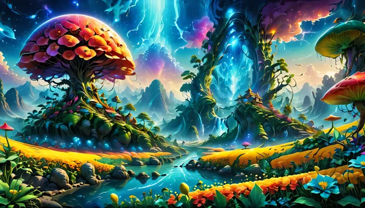 A surreal alien landscape with beautiful, vibrant, and colorful surroundings. The scene features exotic and peculiar flowers in various shapes and sizes, as well as an abundance of luscious and diverse fruits. The image quality is of the highest caliber, w...