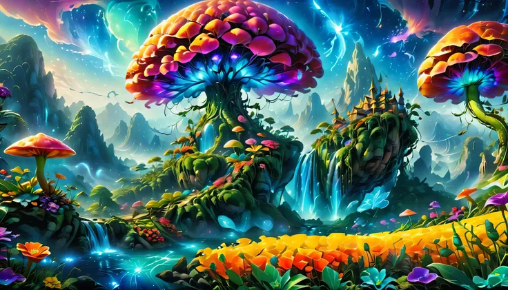 A surreal alien landscape with beautiful, vibrant, and colorful surroundings. The scene features exotic and peculiar flowers in various shapes and sizes, as well as an abundance of luscious and diverse fruits. The image quality is of the highest caliber, w...