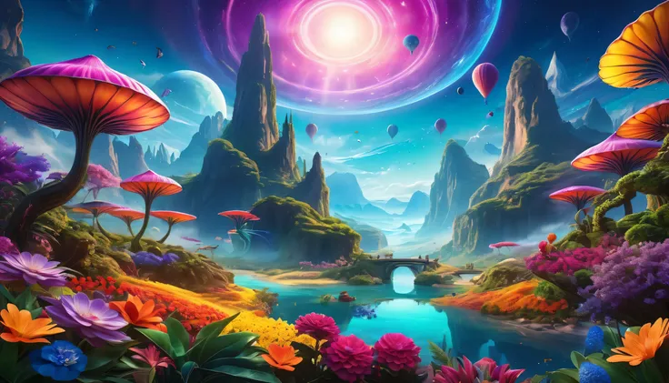 A surreal alien landscape with beautiful, vibrant, and colorful surroundings. The scene features exotic and peculiar flowers in various shapes and sizes, as well as an abundance of luscious and diverse fruits. The image quality is of the highest caliber, w...