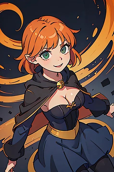 (((masterpiece))), (((best quality))), illustration, single character, game character, rpg character, female character, female necromancer, dark blue dress with golden details, big cleavage, exposed girthy legs. wavy short hair. orange short hair, slightly...