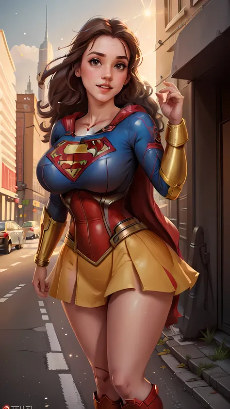 (BelleWaifu:1), supergirl outfit, (big breasts:1.4), outdoor, city landscape, full body, (realistic:1.2), (realism), (masterpiece:1.2), (best quality), (ultra detailed),(8k, 4k, intricate),light particles, lighting, (highly detailed:1.2),