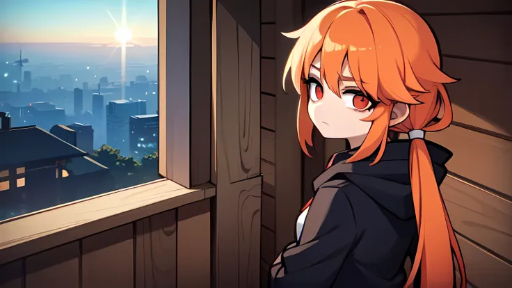 1girl,solo,upper body,looking at viewer,facing viewer,low twintails,orange medium hair,red eyes,parted bangs,white hairtie,black hoodie,hair pulled back,lifeless eyes,mad,sad,sunset,roof