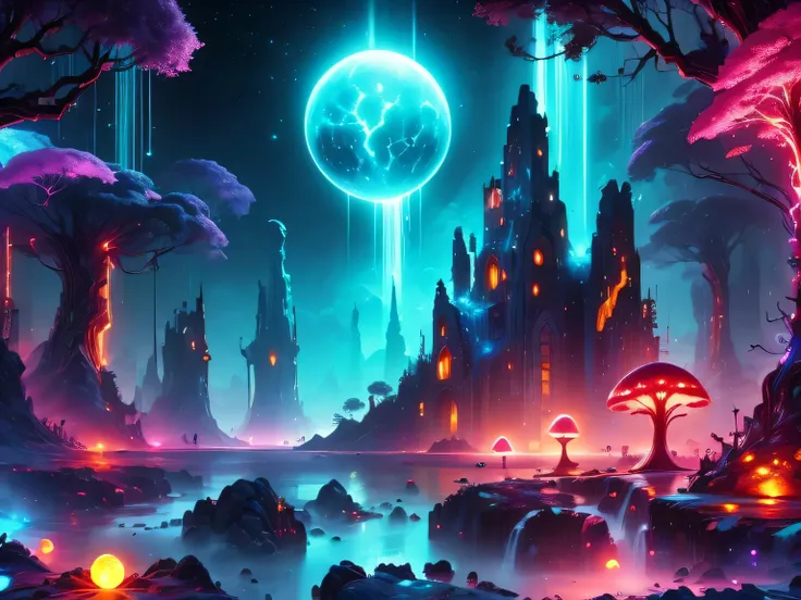 （best quality，4k，8k，HD，masterpiece：1.2），Super detailed，lifelike，alien landscape，beauty，Colorful，original，otherworldly，exotic，alien creature，dense vegetation，otherworldly plants and flowers，glowing mushroom，floating rocks，bioluminescent organisms，ethereal a...