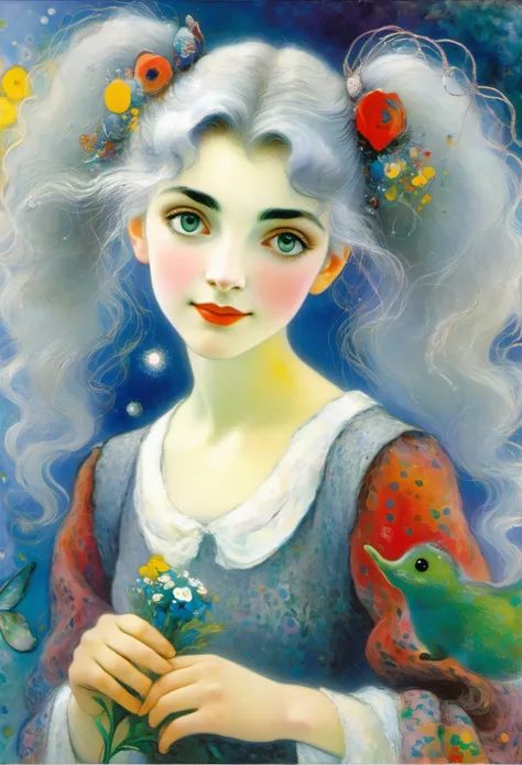  1 Girl, Solo, Twin Tails, Grey Eyes, Upper Body, Dress, Silver Hair((Marc Chagall + Victor-Nizovtsev style)), magical naive art, primitivism, protogenes,((Best quality, masterpiece)),
(Higher detail), Impressionism:1.1, 8k