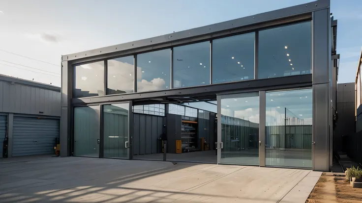 Imagine the facade of a storage warehouse with glass walls allowing ample natural light, featuring large sliding doors and exterior lighting that accentuates its structure