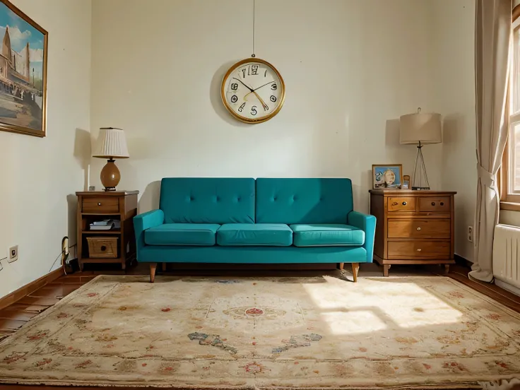 a retro room, family atmosphere, a painting and a clock on the wall and a carpet on the floor, facing the window
