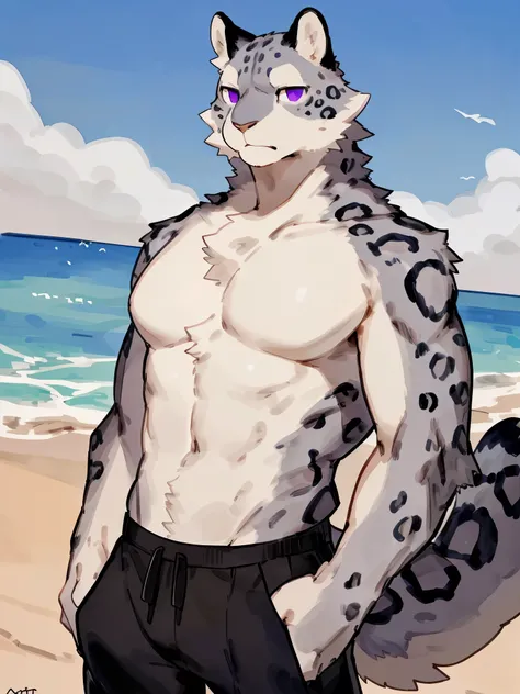 ((by Buta99, by Bebebebebe, best quality, masterpiece, perfect anatomy, detailed picture)), 1male, Snow Leopard, Dev (I think I like you), adult body, big fluffy furs, grey furs, purple eyes, muscular body, long tail, serious, shirtless, black shorts, in t...