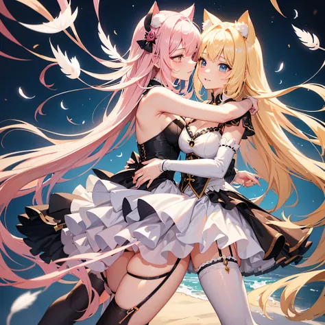 highest quality， big breastedium-length blonde hair，I can see the cleavage，pink heart eyes，super mini skirt，white feathers grow，Cat ear，cat tail，black knee highs，garter belt，black and white sleeveless maid uniform，twins、hug each other