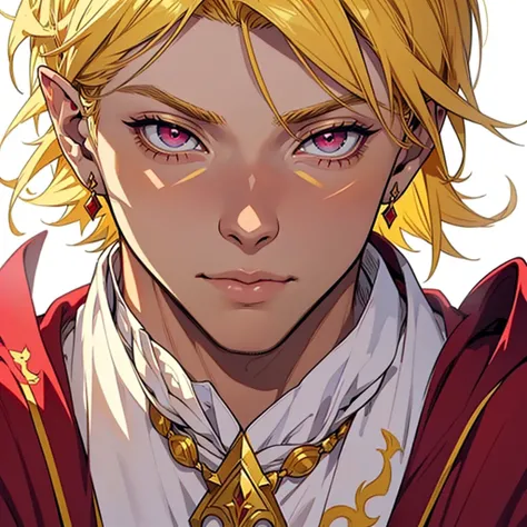 medieval anime art, masterpiece, best quality, male, solo, (((close-up face portrait))), detailed composition, detailed eyes, (((white background))), short blond hair, magenta eyes, elf, earrings, (((wearing red and yellow wizard clothes))), beautiful, mat...