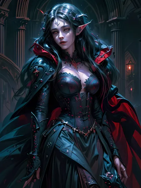 fantasy art, gothic art, (masterpiece:1.5), full body best details, highly detailed, best quality, Glowing Purple, highres, full body portrait of a vampire, elf (Masterpiece, best quality: 1.6), ultra feminine, wizard, (intricate details, Masterpiece, best...