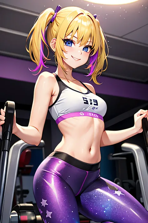 1girl, multicolored hair, purple hair, blonde hair, blonde and purple hair, short pigtails, blue eyes, mature, 17 years old, galaxy pattern leggings, smiling, in gym, short hair