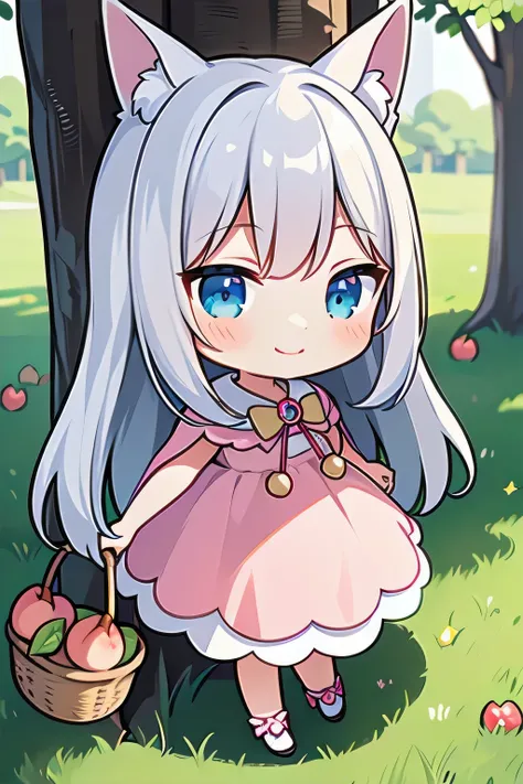 （In 8K, best quality, muste piece:1.2),ultra high resolution ,1girl,solo,fruits,(chibi:1.2),silver hair,Rabbit ears,light blue eyes,smile,wearing a pink cape dress,tree bearing peaches々,rim light,detailed hand fingers,full body,A smiling girl holding baske...