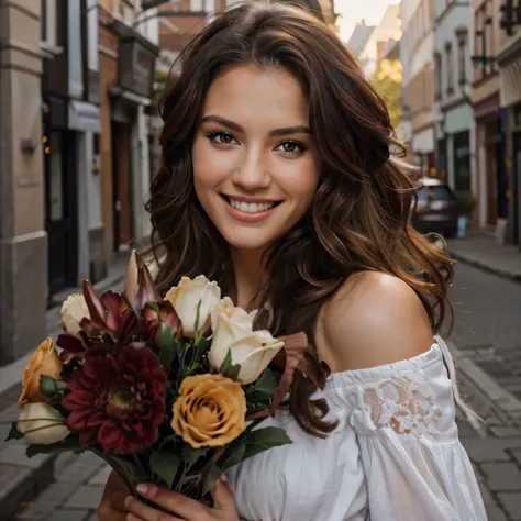 bicycle, nice woman, short, Cycling, in front on the trunk of a bicycle there is a large bouquet of flowers in a wicker basket, perfect detail, against the backdrop of a European street with low-rise buildings, colored houses. Beautiful image, Stylish, bea...