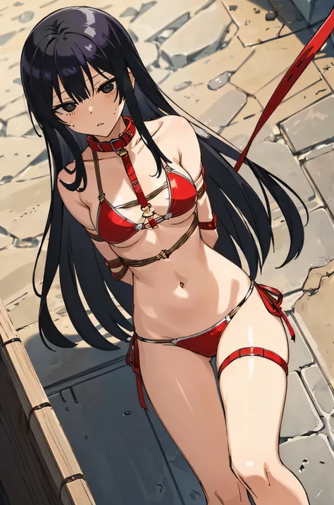 ((collar,leash,tied up,bondage,scared expression)),black hair,black eyes,(bikini)
