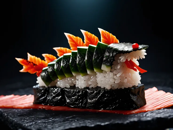 Photo of (sushi:0.6) that looks like (Godzilla:0.5), cinematic, movie still, dramatic lighting, keylighting