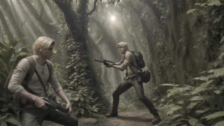 full body photo of xqc man , blonde hair, wearing nathan drake cosplay, fighting, extremely detailed, intricate detail, careful ...