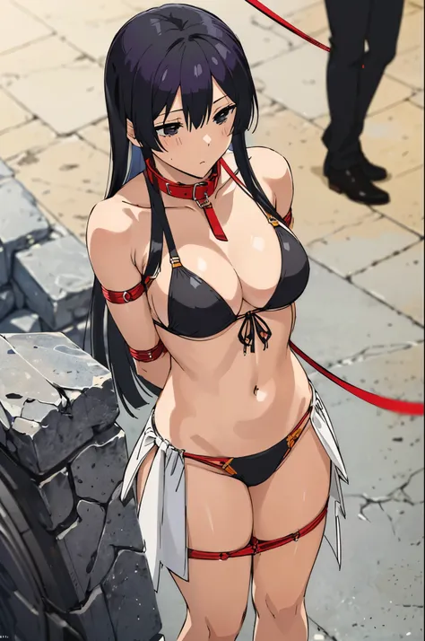 ((collar,leash,tied up,bondage,disgust)),black hair,black eyes,(bikini)
