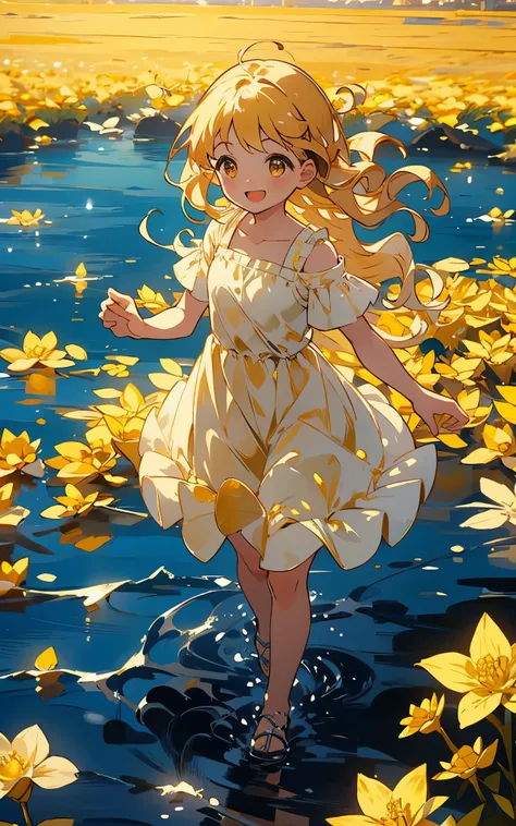 A sea of golden flowers：A charming girl in a golden dress，Walk among the golden flowers，Her smile was filled with tenderness and joy