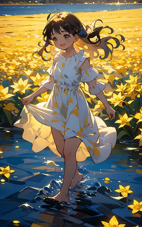 A sea of golden flowers：A charming girl in a golden dress，Walk among the golden flowers，Her smile was filled with tenderness and joy