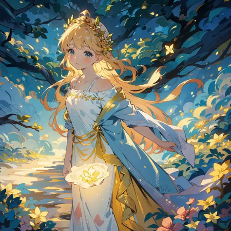 The goddess of the Secret Forest： In a mysterious forest，A goddess girl wears a gorgeous robe，Wearing a flower crown on his head，The eyes reveal wisdom and mystery。She stands in the middle of the forest，It is surrounded by green trees and a mysterious atmo...