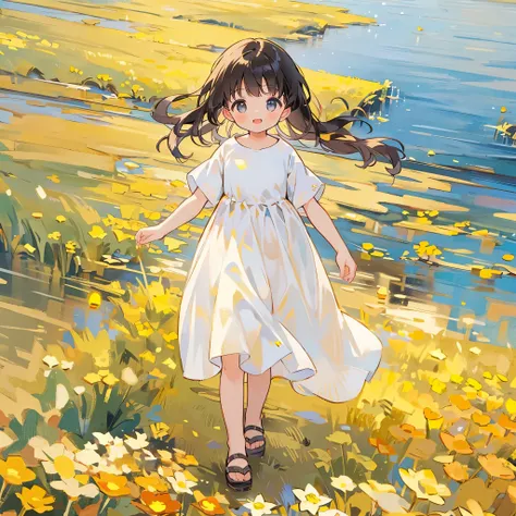 A sea of golden flowers：A charming girl in a golden dress，Walk among the golden flowers，Her smile was filled with tenderness and joy