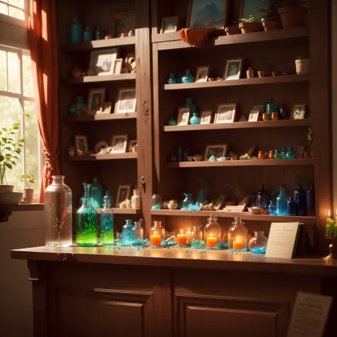 window with green curtains, plant in the pot, (shelves with glass bottles of medicines) (((colorful liquid blue, red orange, Green))), (multi-colored glass crystals) ((Gems)), books, ((Lit candles))

