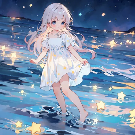 an ocean of stars, night sky, colorful, ethereal, charming girl in a white dress, walking on the water，her smile was filled with...