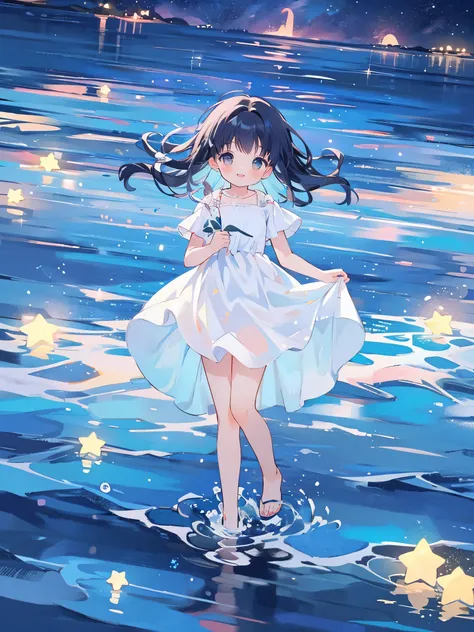 an ocean of stars, night sky, colorful, ethereal, charming girl in a white dress, walking on the water， Her smile was filled with tenderness and joy