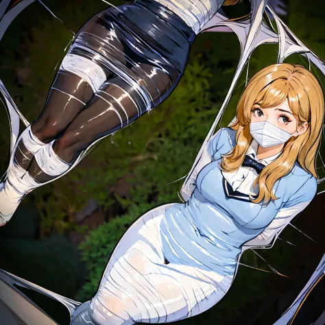 a girl trapped in the net in secretary uniform with pantyhose